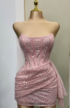 Fashion Pink Strapless Bodycon Short Formal Prom Dresses Glitter Sequin Homecoming Dresses