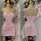 Fashion Pink Strapless Bodycon Short Formal Prom Dresses Glitter Sequin Homecoming Dresses