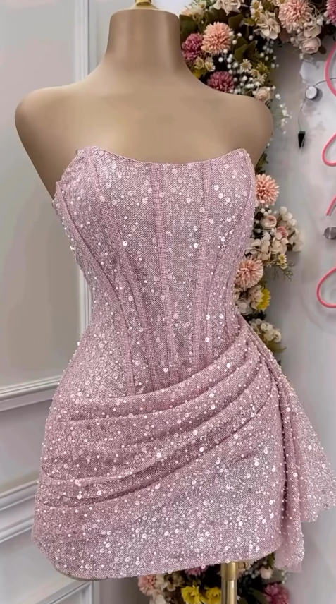 Fashion Pink Strapless Bodycon Short Formal Prom Dresses Glitter Sequin Homecoming Dresses