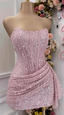 Fashion Pink Strapless Bodycon Short Formal Prom Dresses Glitter Sequin Homecoming Dresses