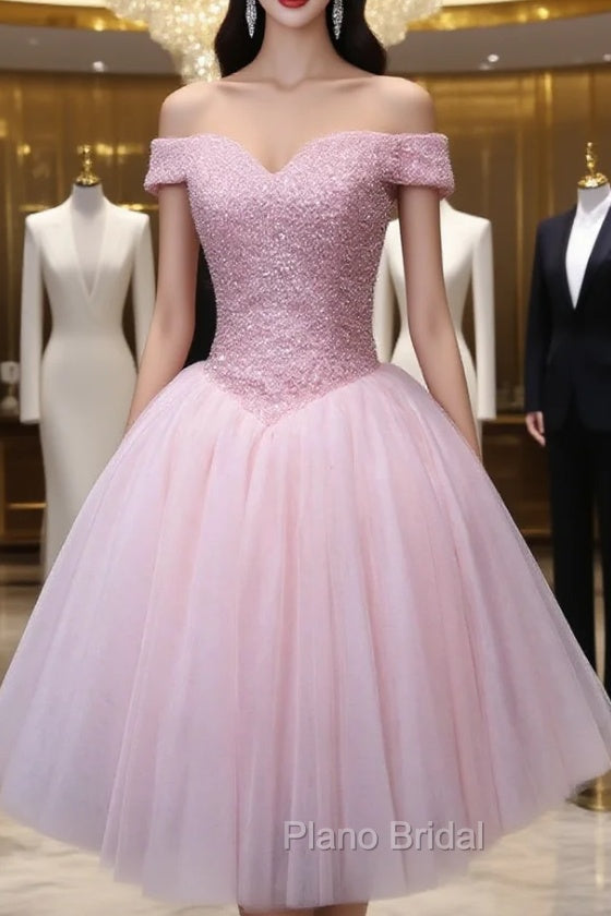Fashion Pink Tulle Off the Shoulder Beading Homecoming Dresses Main image
