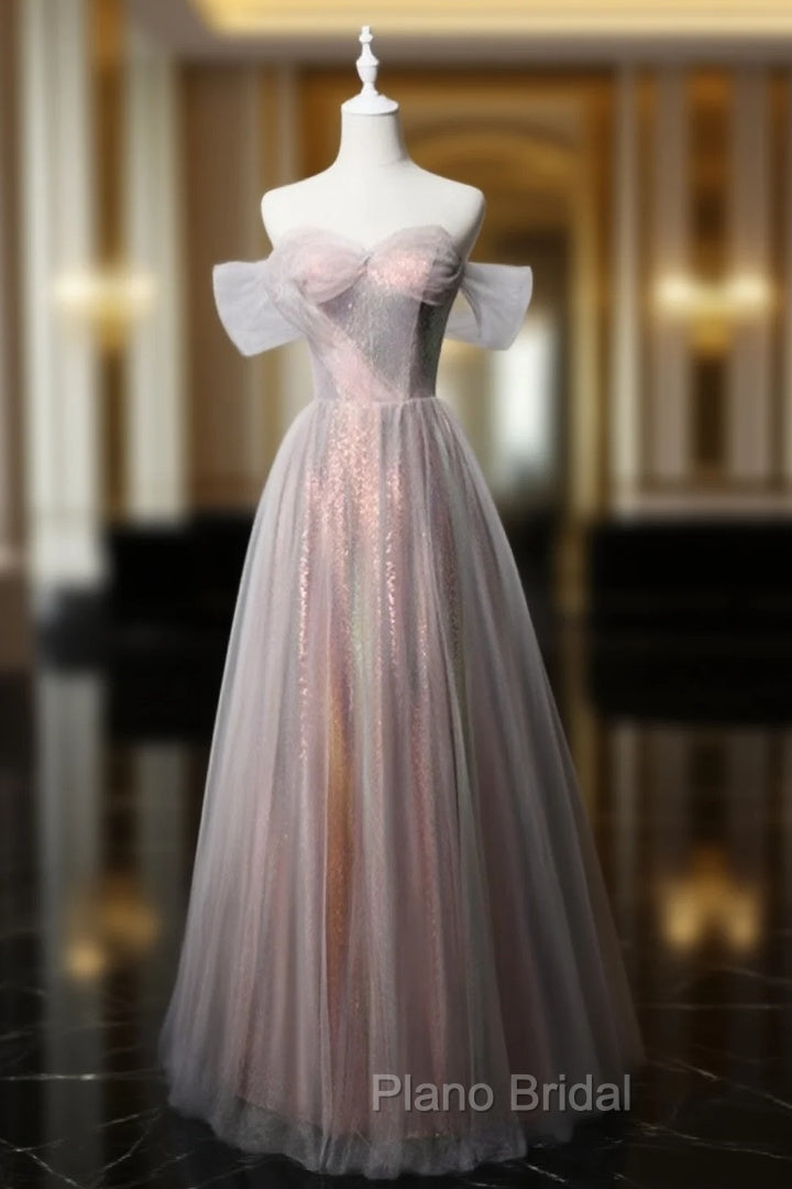 Fashion Pink Tulle Sequins Off the Shoulder Formal Prom Dresses Main image
