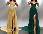 Elegant Strapless Shiny Beaded Sequin Long Formal Prom Dresses Formal Evening Dresses With Slit