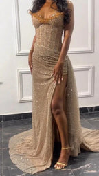Elegant Strapless Shiny Beaded Sequin Long Formal Prom Dresses Formal Evening Dresses With Slit