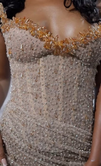 Elegant Strapless Shiny Beaded Sequin Long Formal Prom Dresses Formal Evening Dresses With Slit