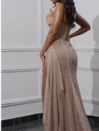 Elegant Strapless Shiny Beaded Sequin Long Formal Prom Dresses Formal Evening Dresses With Slit