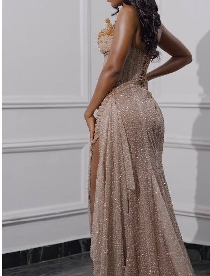 Elegant Strapless Shiny Beaded Sequin Long Formal Prom Dresses Formal Evening Dresses With Slit