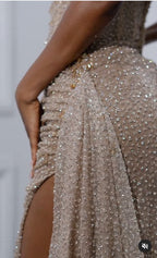 Elegant Strapless Shiny Beaded Sequin Long Formal Prom Dresses Formal Evening Dresses With Slit