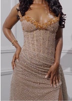 Elegant Strapless Shiny Beaded Sequin Long Formal Prom Dresses Formal Evening Dresses With Slit
