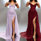 Elegant Strapless Shiny Beaded Sequin Long Formal Prom Dresses Formal Evening Dresses With Slit