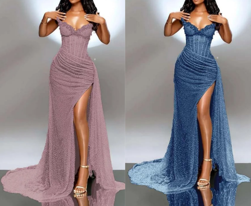 Elegant Strapless Shiny Beaded Sequin Long Formal Prom Dresses Formal Evening Dresses With Slit