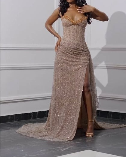 Elegant Strapless Shiny Beaded Sequin Long Formal Prom Dresses Formal Evening Dresses With Slit Main image