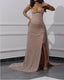 Elegant Strapless Shiny Beaded Sequin Long Formal Prom Dresses Formal Evening Dresses With Slit