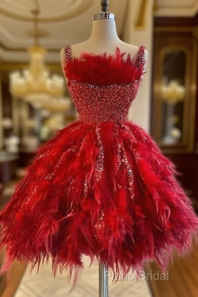 Fashion Red Feather Sequined Cocktail Dresses Spaghetti Straps Short Party Gowns Luxurious Homecoming Dresses Main image
