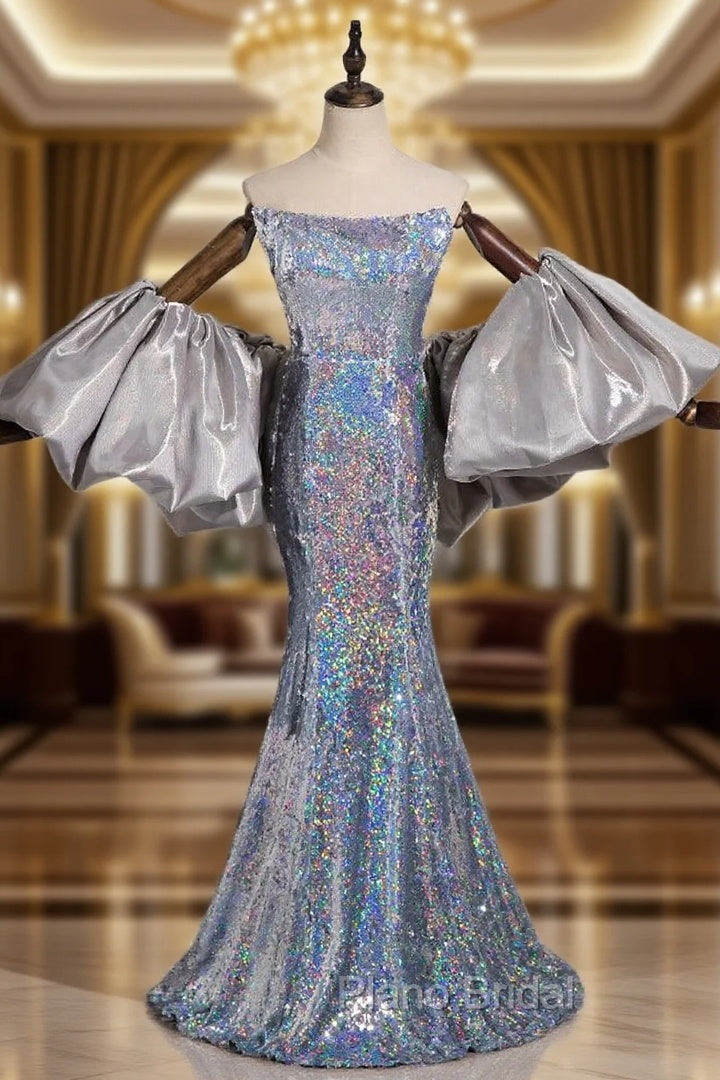 Fashion Silver Mermaid Sequins Strapless Formal Prom Dresses Main image