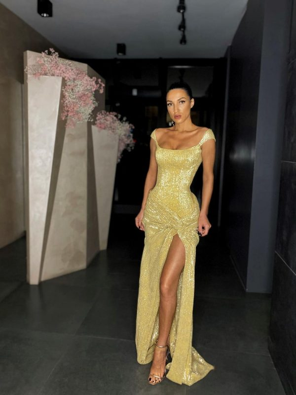 Yellow Shiny Sequins Long Fashion Sleeveless Slit Sexy Ball Gown Formal Evening Dresses Secondary image