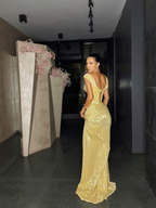 Yellow Shiny Sequins Long Fashion Sleeveless Slit Sexy Ball Gown Formal Evening Dresses