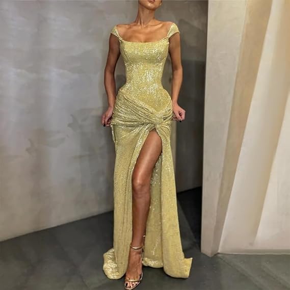 Yellow Shiny Sequins Long Fashion Sleeveless Slit Sexy Ball Gown Formal Evening Dresses
