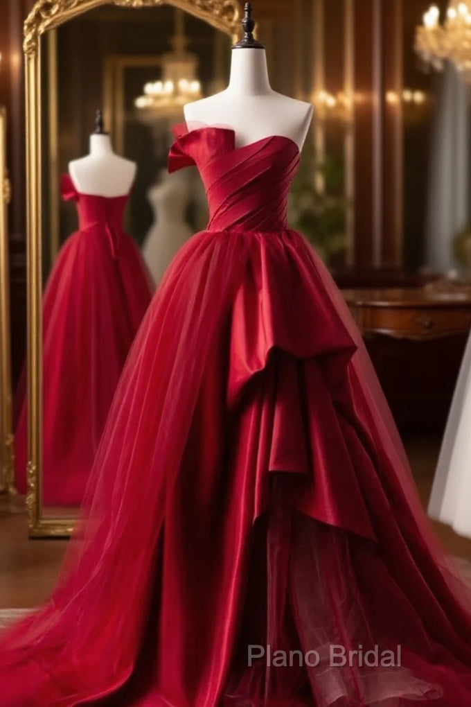 Fashion Tulle Satin Long Formal Dresses Red Formal Prom Dresses Main image