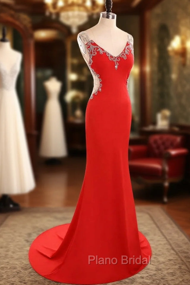 Fashion V Neck Mermaid Satin Lace Beaded Red Long Evening Dresses Main image
