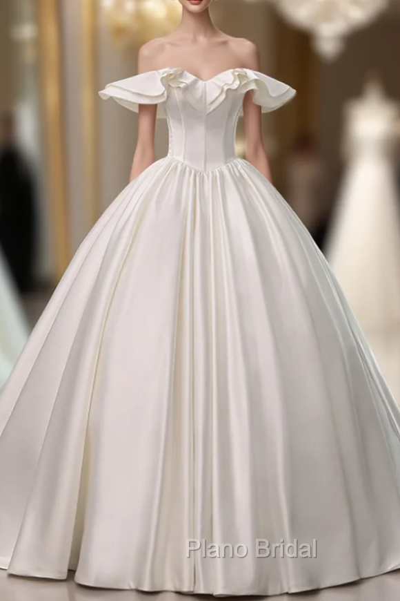 Fashion White Ball Gown Satin Off the Shoulder Wedding Dresses With Long Train With Long Train Main image