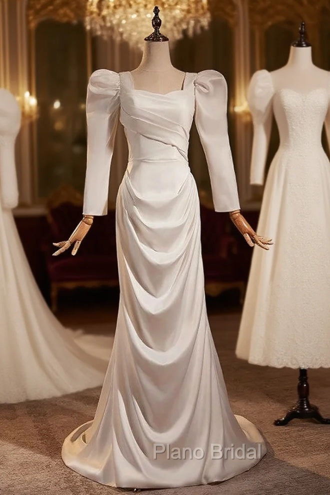 Fashion White Mermaid Long Sleeve Pleats Wedding Dresses