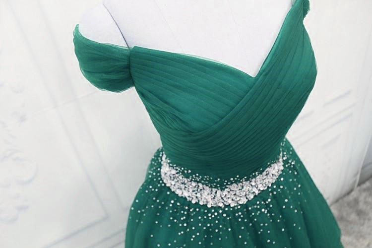 Fashionable Dark Green Long Beade Formal Dresses, Green Formal Prom Dresses