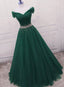 Fashionable Dark Green Long Beade Formal Dresses, Green Formal Prom Dresses