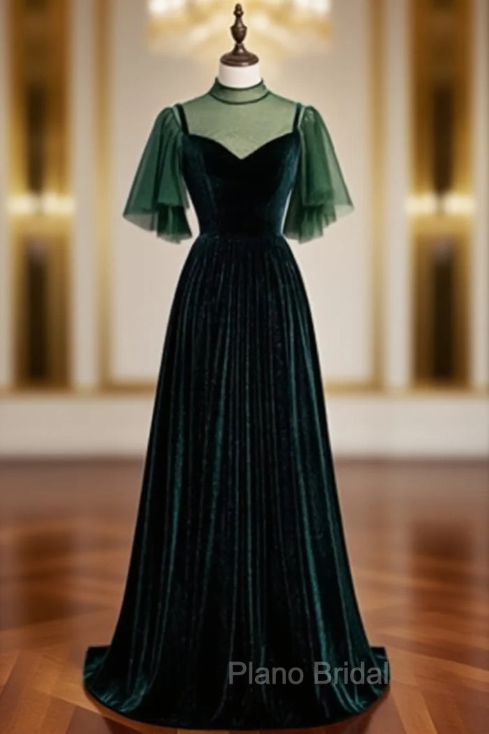Fashionable Dark Green Velvet Long Party Gown, Green Bridesmaid Dresses Main image
