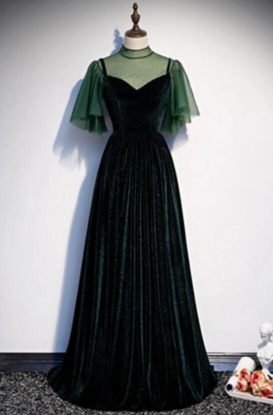 Fashionable Dark Green Velvet Long Party Gown, Green Bridesmaid Dresses