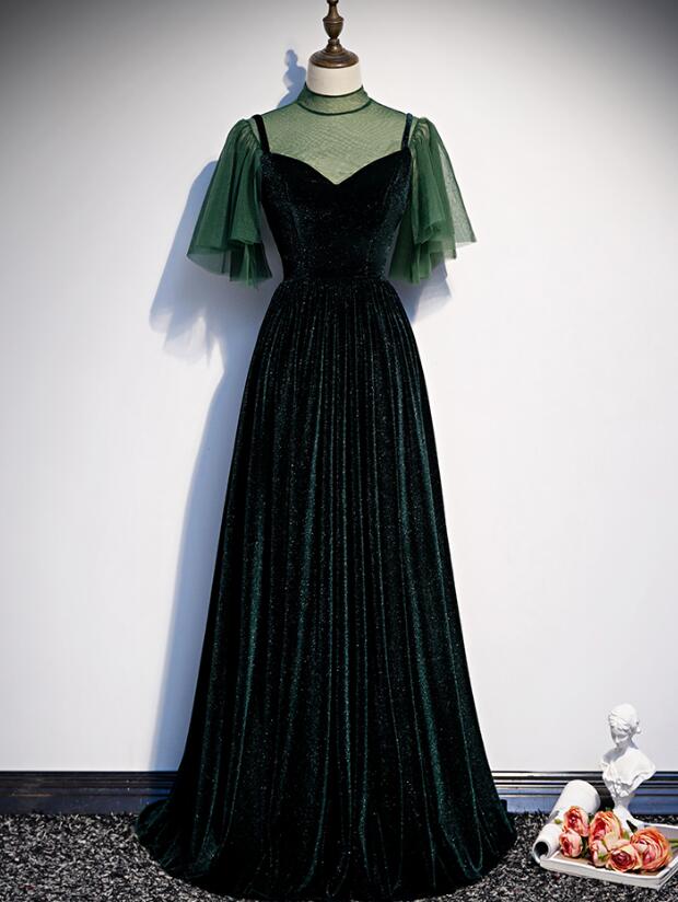 Fashionable Dark Green Velvet Long Party Gown, Green Bridesmaid Dresses Main image