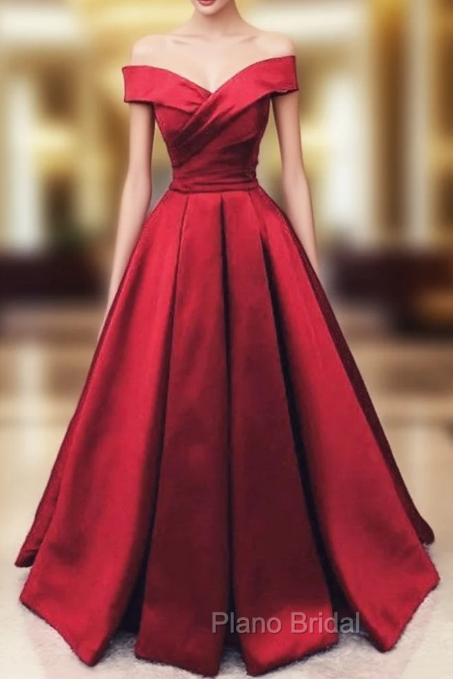 Fashionable Dark Red Satin Simple Off Shoulder Formal Prom Dresses, Red Party Dresses Evening Dresses