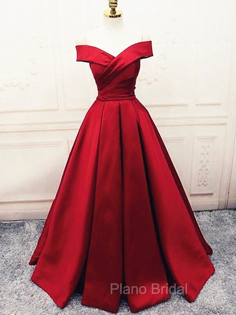 Fashionable Dark Red Satin Simple Off Shoulder Formal Prom Dresses, Red Party Dresses Evening Dresses