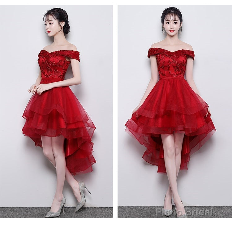 Fashionable High Low Party Dress, Red Off Shoulder Homecoming Dress Main image