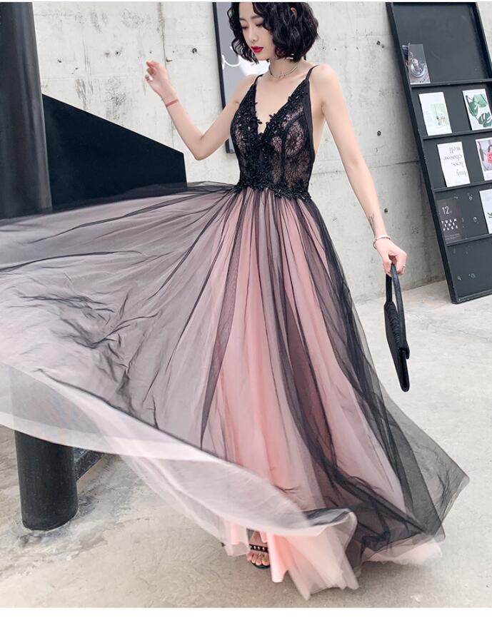 Fashionable Pink And Black Tulle V-Neckline Party Dresses, Pink Lace Applique Formal Evening Gown Secondary image