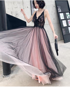 Fashionable Pink And Black Tulle V-Neckline Party Dresses, Pink Lace Applique Formal Evening Gown