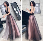 Fashionable Pink And Black Tulle V-Neckline Party Dresses, Pink Lace Applique Formal Evening Gown