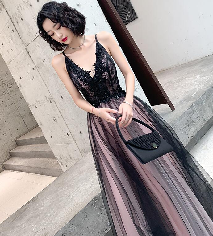 Fashionable Pink And Black Tulle V-Neckline Party Dresses, Pink Lace Applique Formal Evening Gown