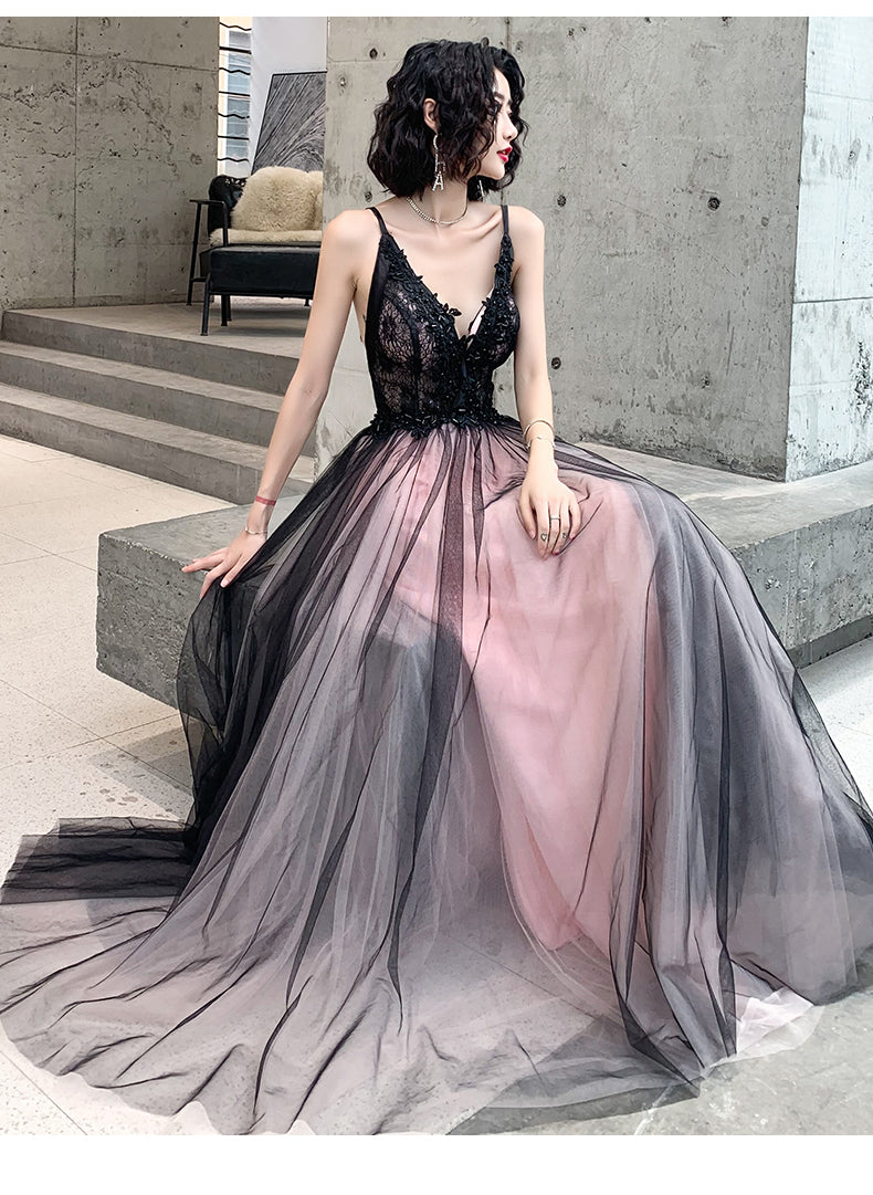 Fashionable Pink And Black Tulle V-Neckline Party Dresses, Pink Lace Applique Formal Evening Gown Main image
