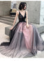 Fashionable Pink And Black Tulle V-Neckline Party Dresses, Pink Lace Applique Formal Evening Gown