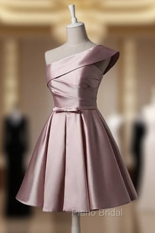 Fashionable Pink Knee Length Satin Short Formal Prom Dresses, One Shoulder Bridesmaid Dresses