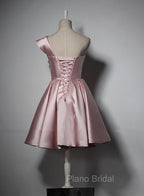 Fashionable Pink Knee Length Satin Short Formal Prom Dresses, One Shoulder Bridesmaid Dresses