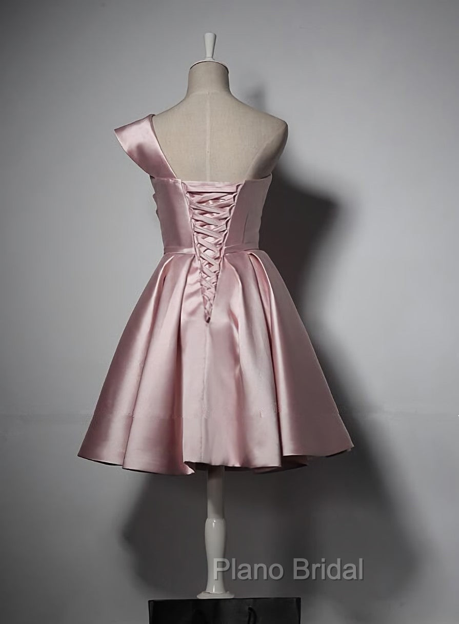Fashionable Pink Knee Length Satin Short Formal Prom Dresses, One Shoulder Bridesmaid Dresses