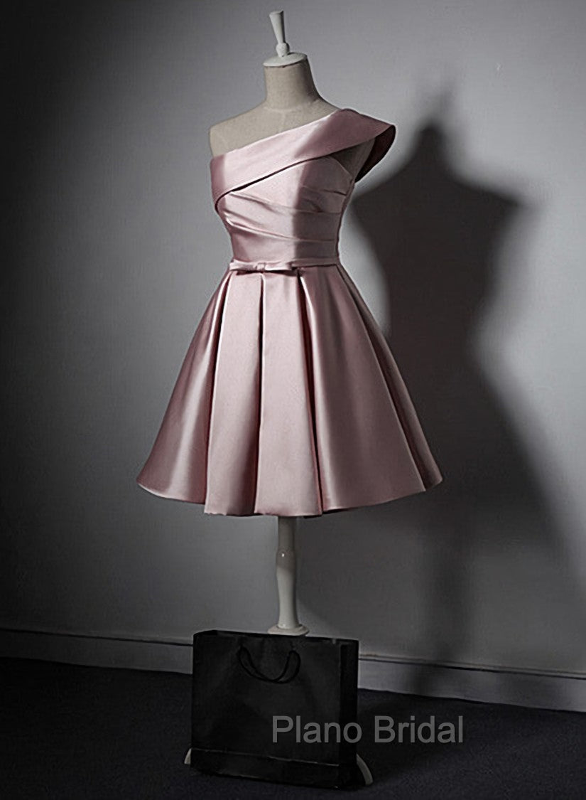 Fashionable Pink Knee Length Satin Short Formal Prom Dresses, One Shoulder Bridesmaid Dresses