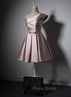 Fashionable Pink Knee Length Satin Short Formal Prom Dresses, One Shoulder Bridesmaid Dresses