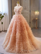 Unique V Neck Tulle Sequin Orange Pink Long Formal Prom Dresses, Orange Pink Sweet 16 Dresses