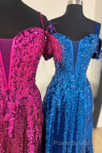 Feathered Cold Shoulder Sequin Long Formal Prom Dresses with Appliques