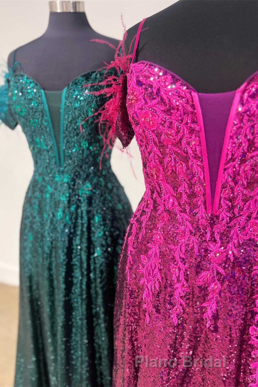 Feathered Cold Shoulder Sequin Long Formal Prom Dresses with Appliques