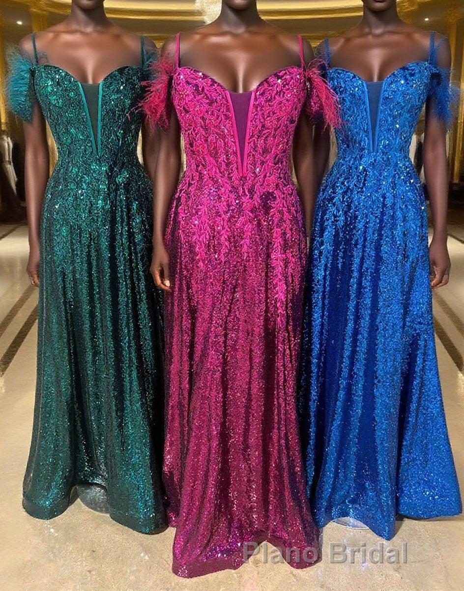 Feathered Cold Shoulder Sequin Long Formal Prom Dresses with Appliques Main image