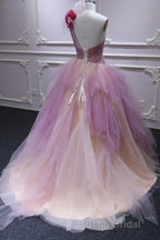 Puffy One Shoulder Sleeveless Tulle Formal Prom Dresses with Flowers, Ruffles Quinceanera Dresses